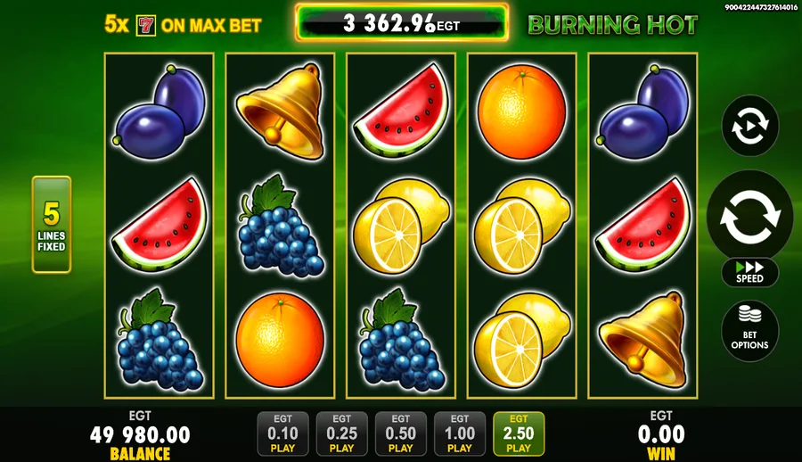 Bells and fruit symbols on the Burning Hot five-line demo grid