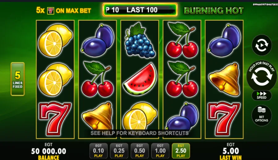 Burning Hot reels and the five fixed paylines in the free demo