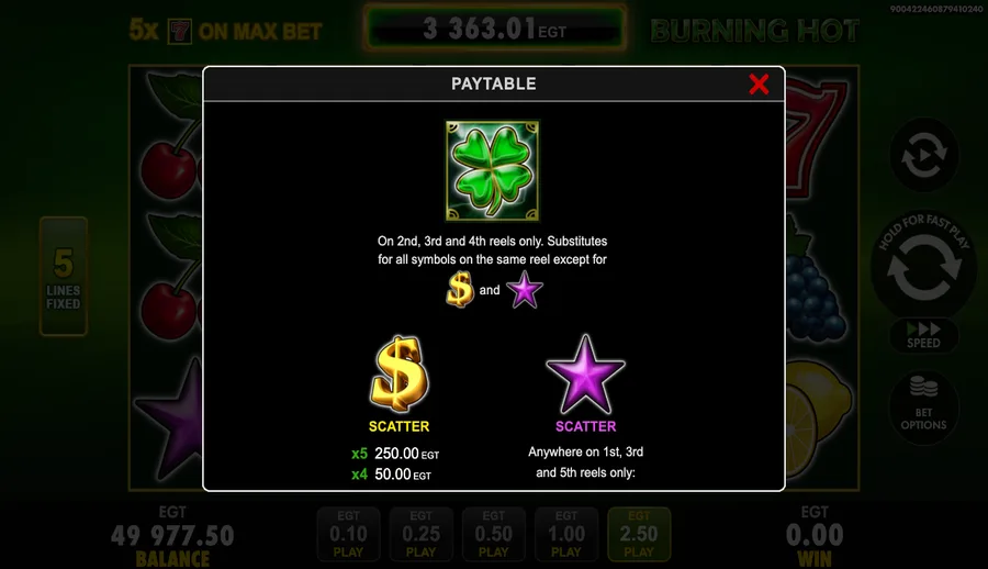Burning Hot in-game paytable showing the wild and the two scatters